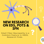 An illustration of a blue and purple nerve cell and a magnifying glass on yellow background. Text: New research on EDS, POTS & SFN. Small Fiber Neuropathy is a Common Feature in HEDS, Research Finds.