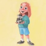 An illustration of a girl with long reddish hair holding a zebra stuffed animal.