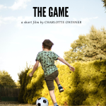 A boy playing soccer in a green garden surrounded by trees. Title: The Game, a short film by Charlotte Gwinner