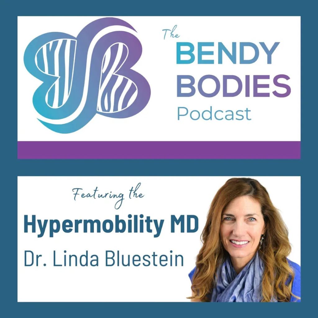 The image shows a computer screen displaying a podcast advertisement. The podcast is called "Bendy Bodies Podcast" and features "The Hypermobility MD, Dr. Linda Bluestein." The advertisement includes a logo with stylized letters "BB" in blue and purple, and a photo of Dr. Linda Bluestein, who has long, wavy, light brown hair and is smiling. The background of the advertisement is white with a blue border.