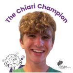 A photo of a smiling young man with blonde locks who has an illustration of a brain on his shoulder. Text: The Chiari Champion